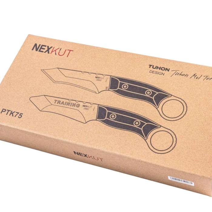 Caja original del cuchillo táctico NEXKUT PTK75 con ilustración del diseño